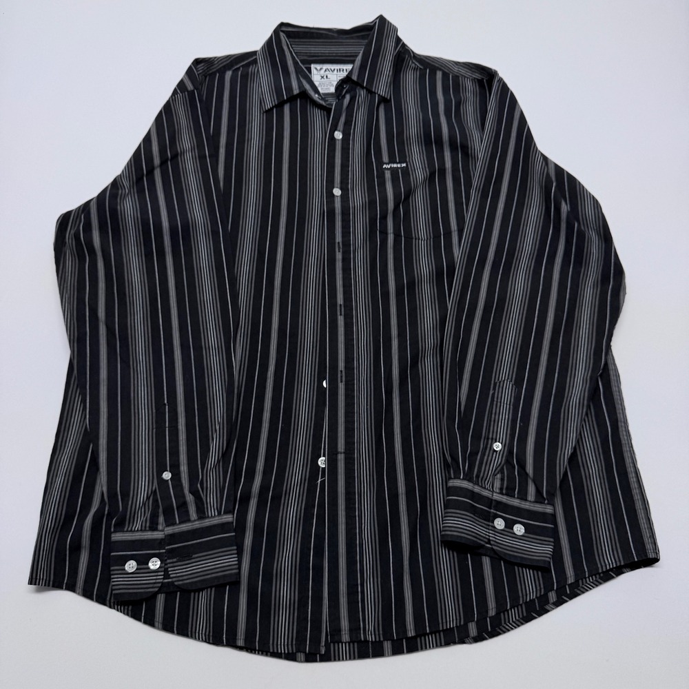Avirex Mens XL Black Grey Striped Long Sleeve Button Down Shirt Pocket